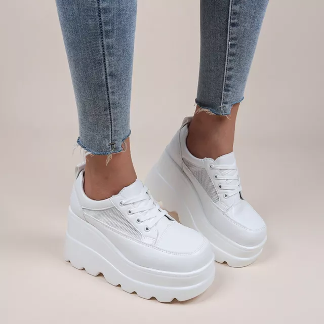 Womens Lace Up Platform Shoes Sports Sneakers Casual Breathable Wedge High Heels