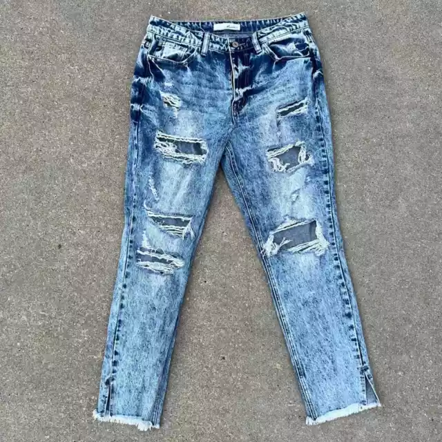 KanCan distressed light acid Wash high rise skinny jeans raw hem 9/28