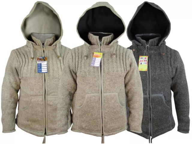 Hand Knitted Natural Woolen Fleece Lined Detachable Hood Winter Jacket Jumper