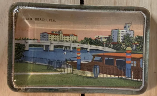 Vintage Miami Beach Florida Souvenir Glass Paperweight Rectangle 4.5” x 2.75”