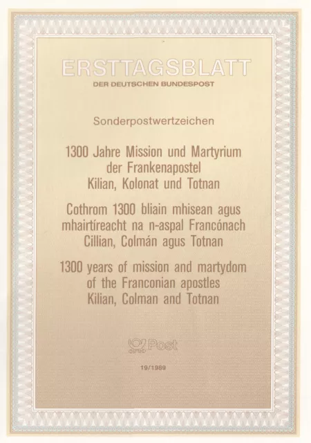 Ersttagsblatt  1989/19 1300 Jahre Mission Und Martyrium Der Frankenapostel  Brd