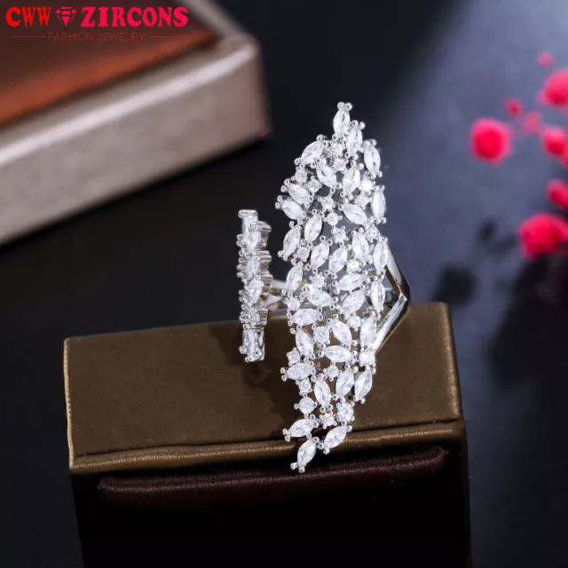 Dazzling White Silver Plated Cubic Zirconia Crystal Big Leaf Long Finger Ring