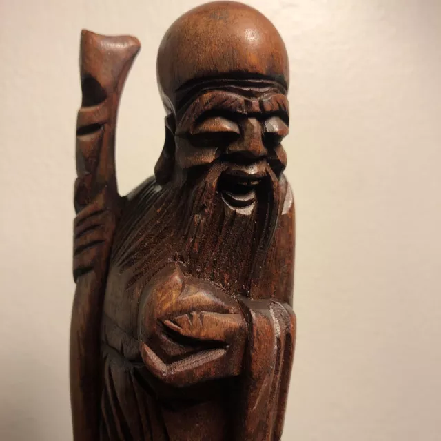 Hand Carved Chinese Wooden Figurine Wise Man Vintage 8 inches Tall Dark Wood