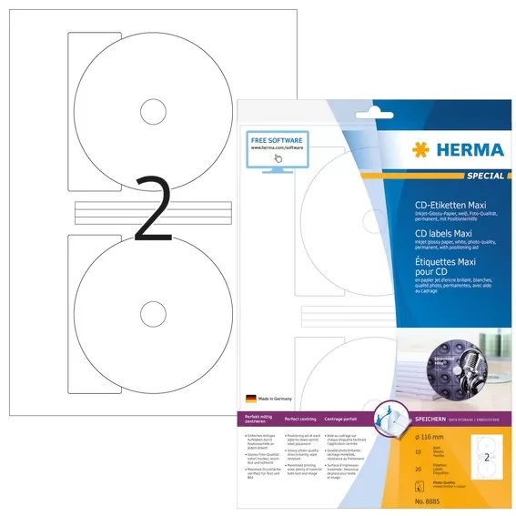 HERMA 8885 Inkjet CD-Etiketten Maxi A4 Ø 116 mm weiß Papier glänzend 20 St.