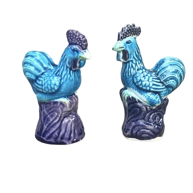 Chinese Antique Early 20th Century Turquoise Blue Glazed  Roosters - A Pair