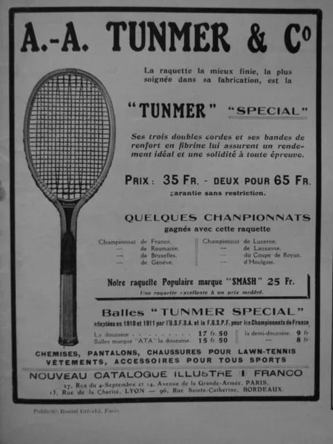 Publicité De Presse 1911 A.a.tunmer Raquette Special Doubles Corde - Advertising