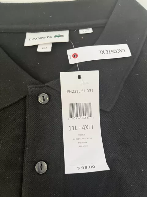 NWT Lacoste Men’s Big & Tall Pique Knit Polo Shirt Size 11L-4XLTBlack PH221L $98 2