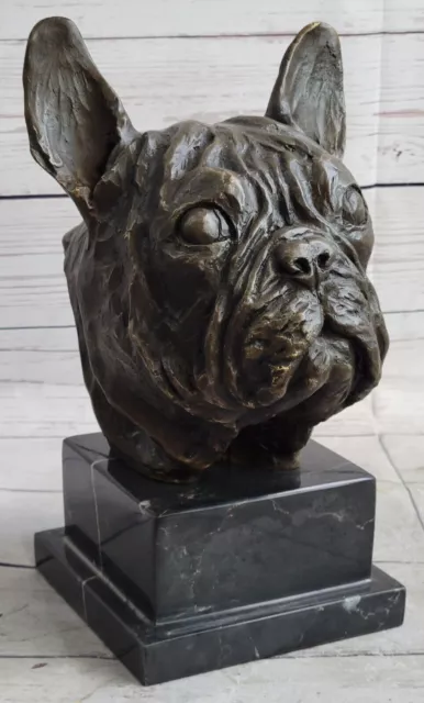 Bronze Sculpture Bust Head of French Bulldog Hot Cast Marble Base Figure Sale