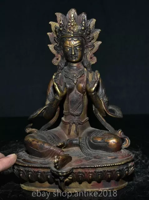 8 " Old Tibet Buddhism Bronze Gilt Green Tara Goddess Buddha Lotus Statue