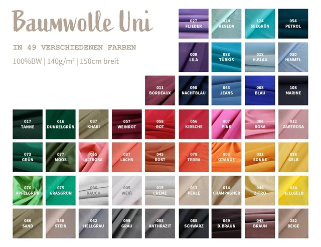 Baumwollstoff uni Meterware Popeline 100% Baumwolle Fahnentuch Ökotex 50x148cm