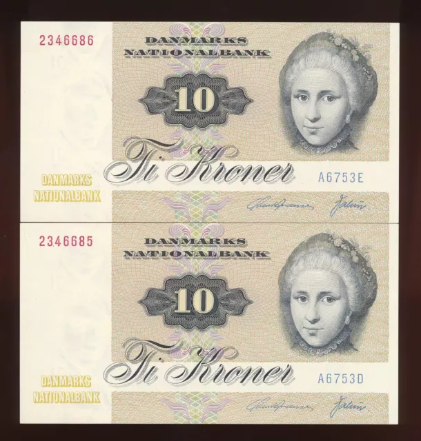 Denmark 10 Kroner 1975 Prefix A6 Consecutive Pair Unc Notes P. 48