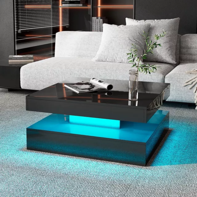 Modern High Gloss Square Coffee Table with 16-Color LED Lights 2-Tier Coffee Tab