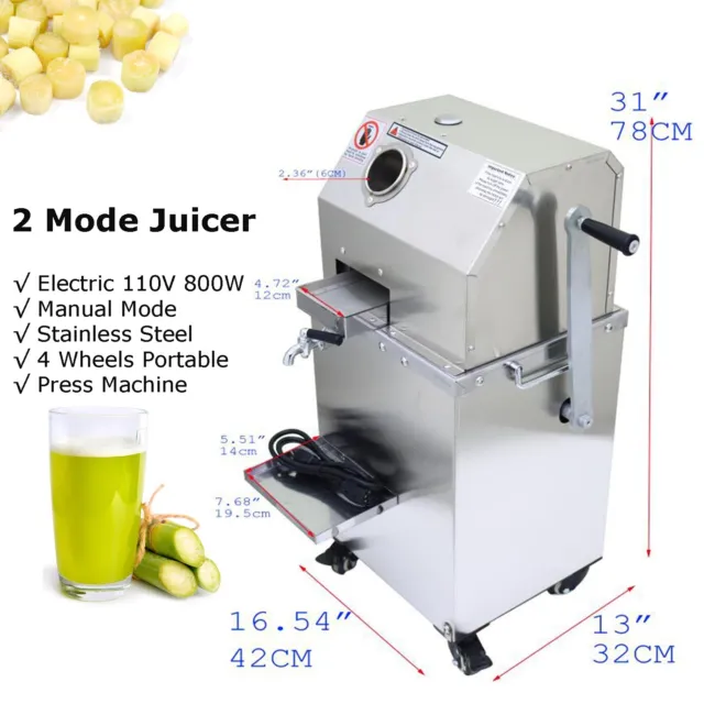 110V 800W Manual/Electric 2-mode Stainless Sugarcane Juicer Press Juice Machine