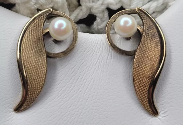 Vintage Van Dell 12K GF Faux Pearl Leaf Screwback Gold Tone Earrings