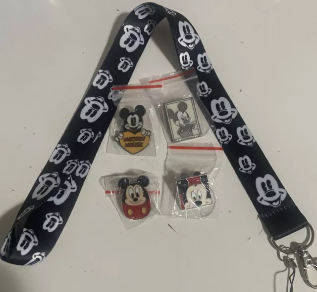 Disney MICKEY Mouse Only Pins lot of 4 w/ MiCKEY Lanyard