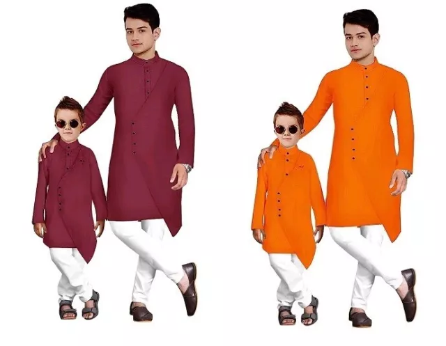 Kurta Pajama Set Cotton Plain Traditional Men And kids Boy Dress Wedding Wear