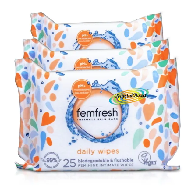 3x Femfresh Biodegradable & Flushable Gentle Feminine Intimate Hygiene Wipes 25