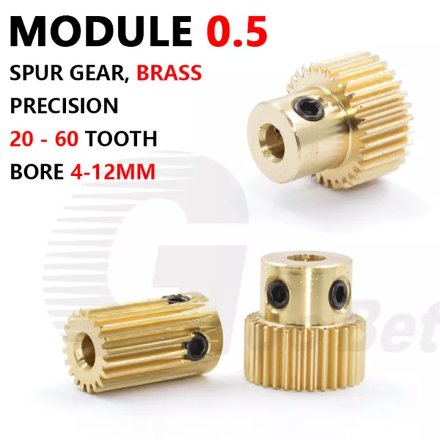 Mod 0.5 Brass Spur Gear with Hub 20-60 Tooth Motor Pinion Bore 4-12mm Precision