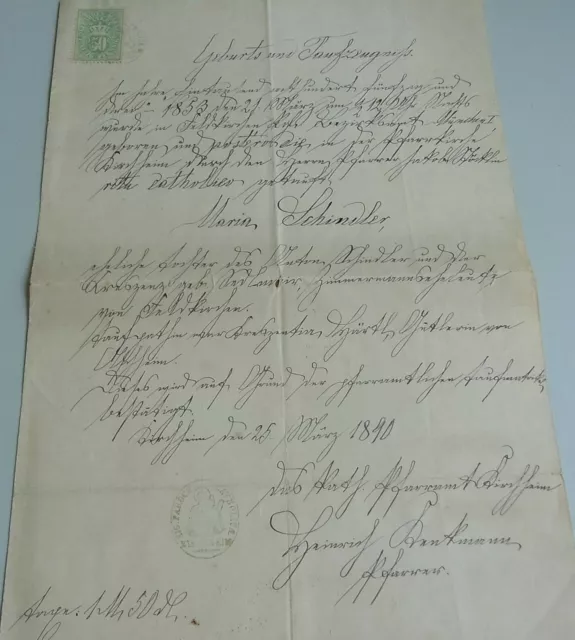 Lettre Baptême Kirchheim B.Munich 1890: Pfr. Kenkmann, Naissance AVEC Schindler