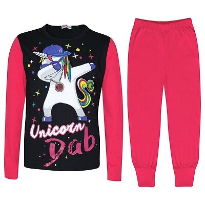 Kids Girls Designer Unicorn Dab Floss Pyjamas Loungewear Nightwear Pink PJS 5-13