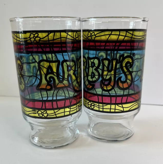 Set Of 2 1970s Classic Vintage Arbys Restaurant Stained Glass Tumblers 16 Oz