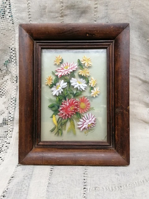 TABLEAU HUILE SUR velours noir bouquet de fleurs sous verre cadre doré