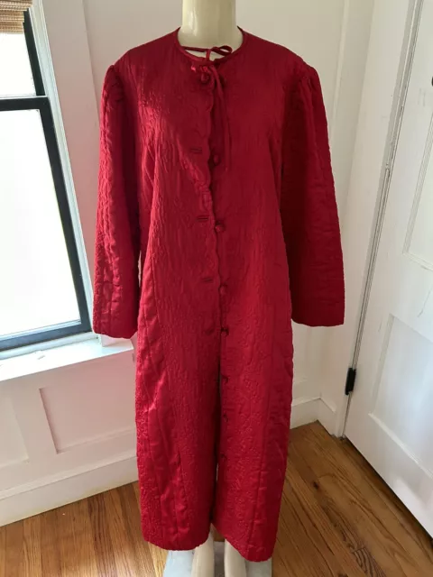 VTG 60S RED Robe Housecoat S/M Knot Buttons Embroidered Quilted ...