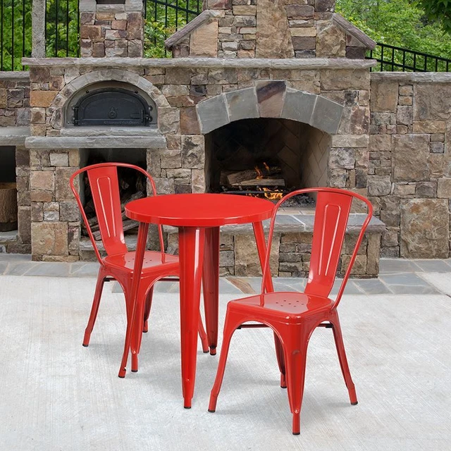 DurCommercial Grade 24" Round Red Metal Indoor/Outdoor Table Set w/2 Cafe Chairs