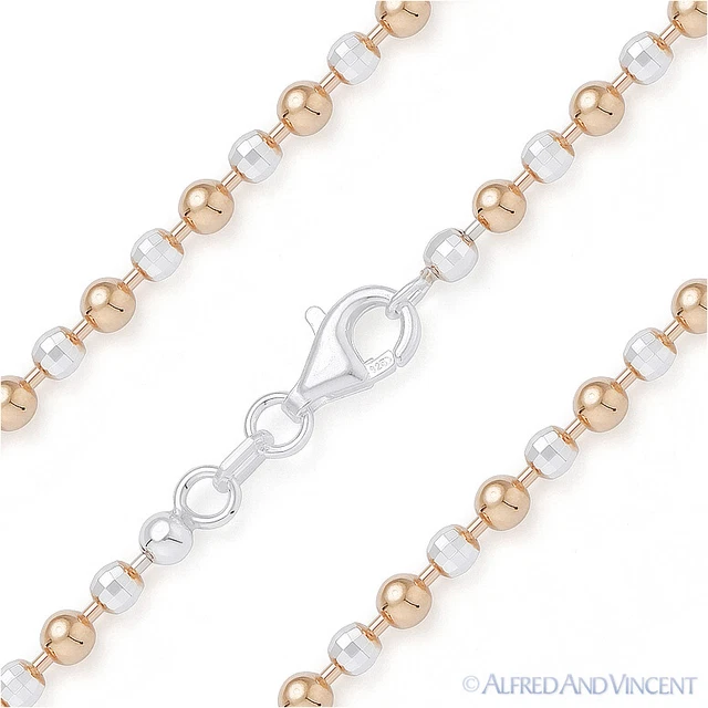 3.1mm Ball & Faceted Bead Chain Necklace Italy 925 Sterling Silver 14k Rose Gold