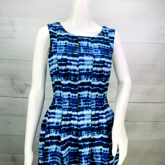 Calvin Klein Womens Fit N Flare Scuba Dress Pleated Stretch Blue Tie Dye Size 8 3