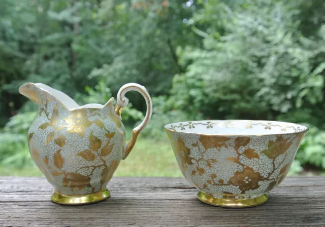 Vintage Tuscan Gold Chintz Green Trieste Pattern Creamer & Open Sugar Bowl