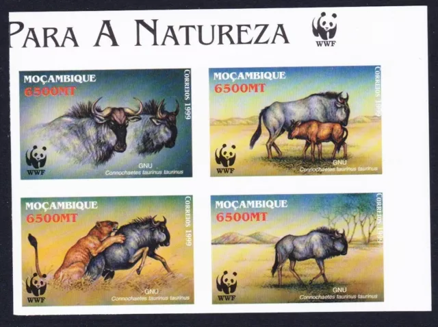 Mozambique WWF Blue Wildebeest T2 Imperf Block of 4 WWF Logo 2000 MNH