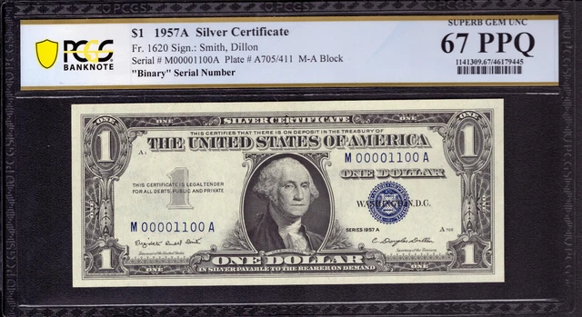 1957 A $1 Silver Certificate Note Binary Serial Number Pcgs B Superb Gem 67 Ppq