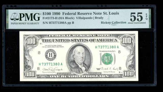 DBR 1990 $100 FRN St. Louis Fr. 2173-H PMG 55 EPQ Serial H73771380A