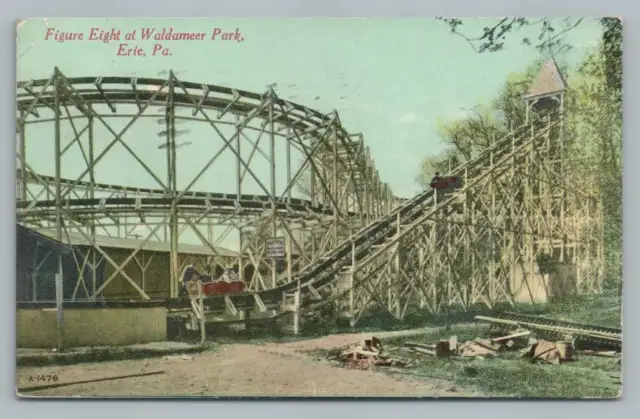 Figure Eight Roller Coaster ERIE PA Waldameer Amusement Park Antique PC 1911