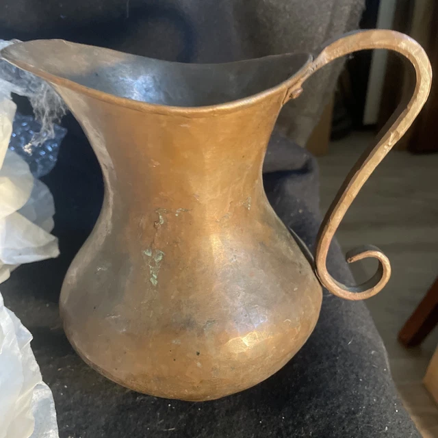 Antique LARGE Solid Copper Primitive Hand Hammered Pitcher Jug Free Shipping