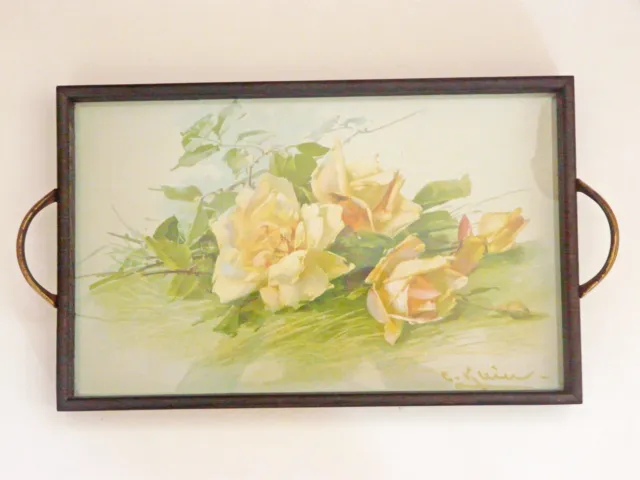 Vintage Serviertablett Holz Glas Rosen Lithographie Catharina Klein ca 35x22 cm