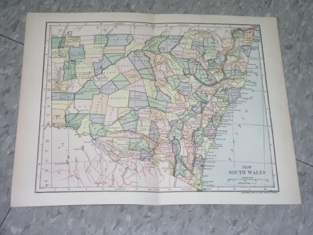 1903 Original Antique Map Of New South Wales / Australia