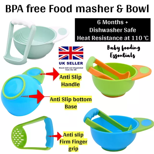 BPA Free Manual Baby Food Masher & Bowl Grinder Complete Essential Weaning Kit