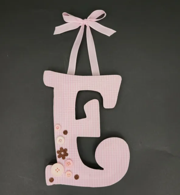 8" E Letter Baby Shower Girls Nursery Wood Pink Brown Buttons Wall Hanging Decor