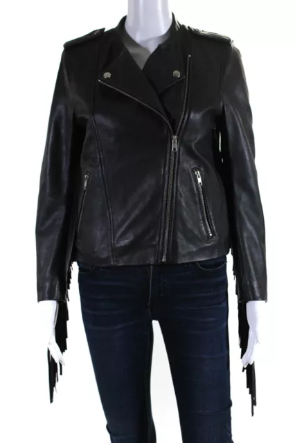 MAJE WOMENS ASYMMETRICAL Leather Fringe Moto Jacket Navy Blue Size FR ...