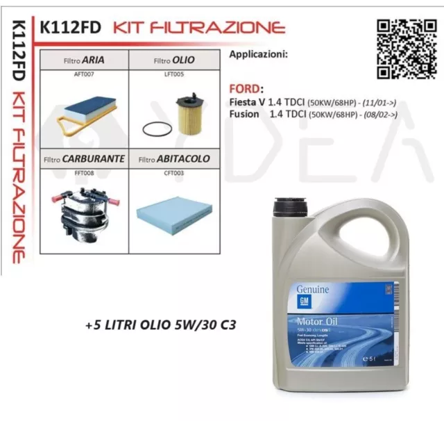 Kit de Filtres Entretien Ford Fiesta / Fusion +5l Huile V 1.4TDCI (50KW/68HP)