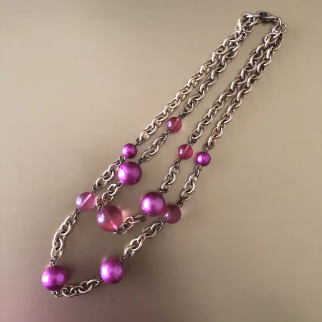 Gold Tone Chain Pink Bubble Beads Double Strand Necklace