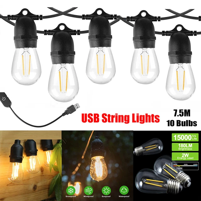 24FT USB LED Outdoor Waterproof Patio String Lights, 10PCS 2W Dimmable S14 Bulb 24FT USB LED Outdoor Waterproof Patio String Lights, 10PCS 2W Dimmable S14 Bulb