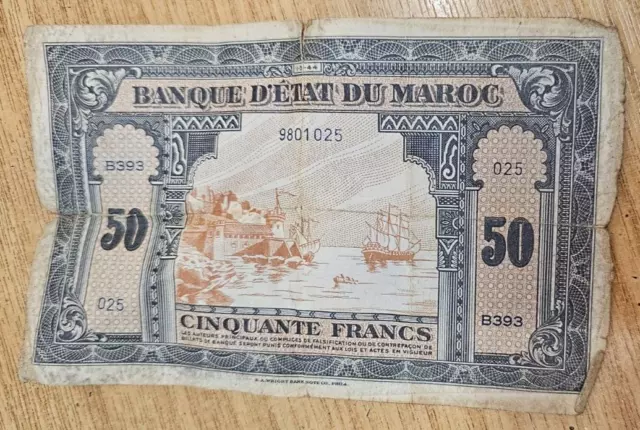 1944 Morocco 50 Francs Banknote