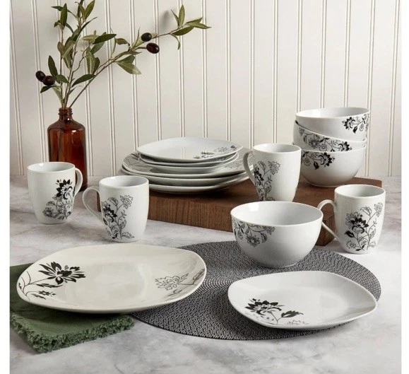 Set Stoviglie Porcellana 16 Pezzi Nero - Piatti, Ciotole E Tazze Per 4 Persone Design Moderno - Foto 10