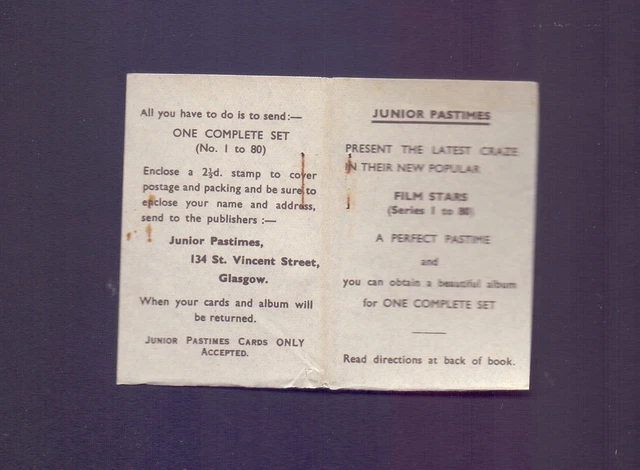 ORIGINAL OUTER WRAPPER for Junior Pastimes Film Stars 1951 SS64 £5.44 ...
