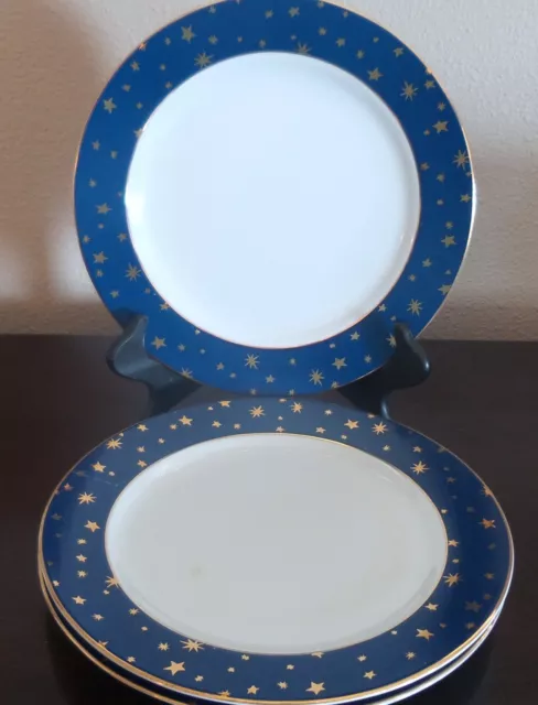 Sakura Galaxy Blue 14K Gold Trim/Stars Blue Rim Dinner Plates x3