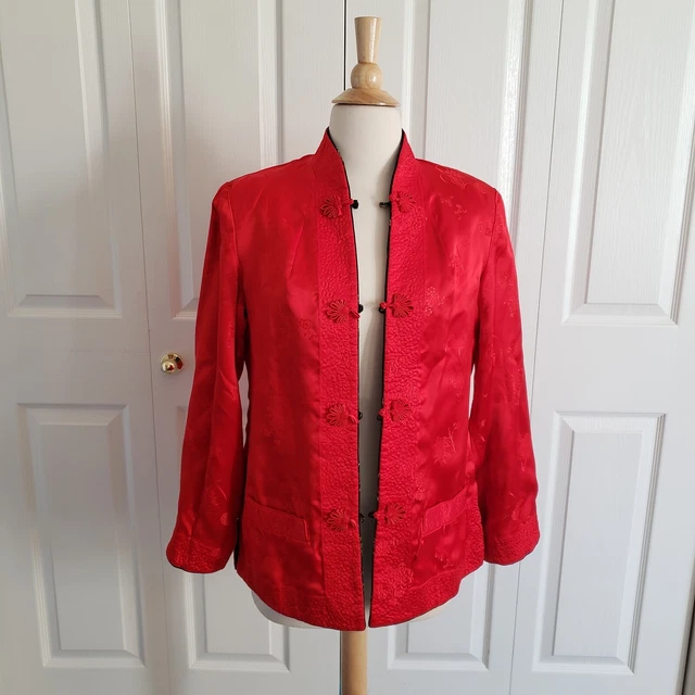 Vtg 60s Satin Silk Brocade Mandarin Asian Coat Jacket Reversible Red Black L