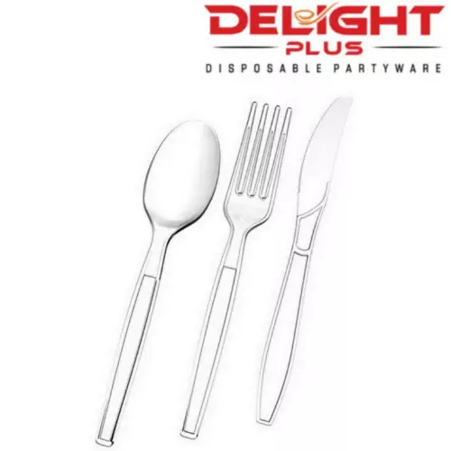 Clear Disposable Plastic Cutlery Spoons Forks Knives Heavy Duty Reusable Party